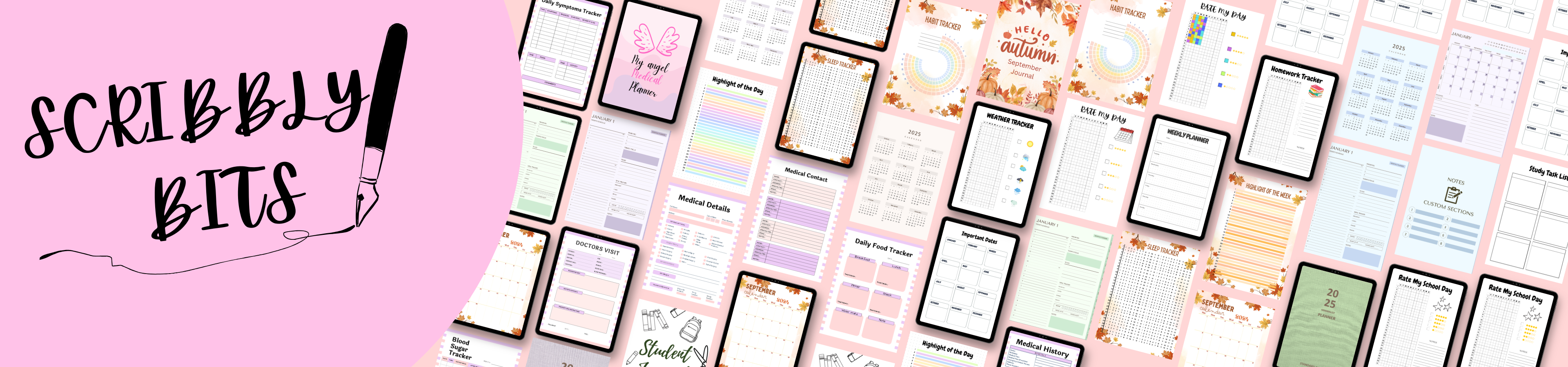 Collection of planner stickers with various designs, featuring the brand 'Scribbly Bits'.