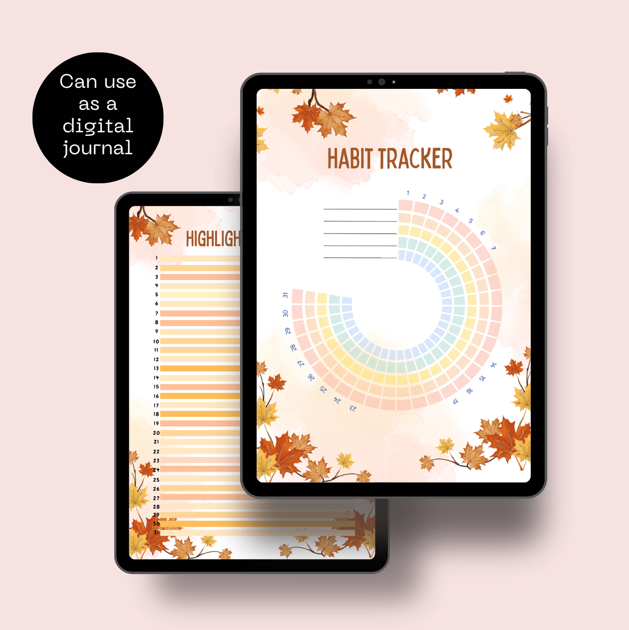Digital habit tracker app interface with autumn-themed design on a tablet screen.
