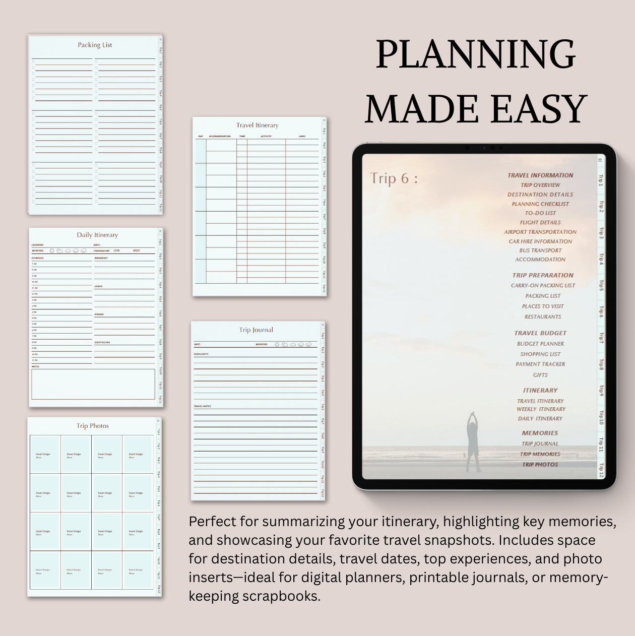 Collection of travel planning sheets and a tablet displaying trip information on a beige background.
