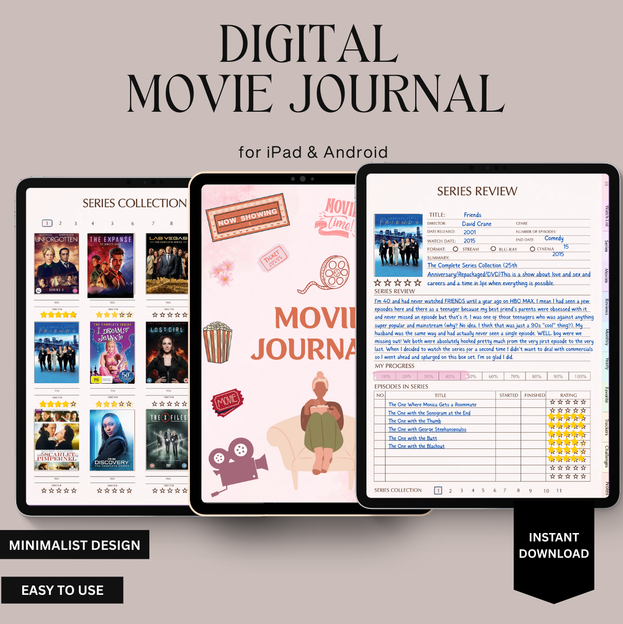 Digital Movie Journal app interface on tablets with text 'Digital Movie Journal for iPad & Android'.
