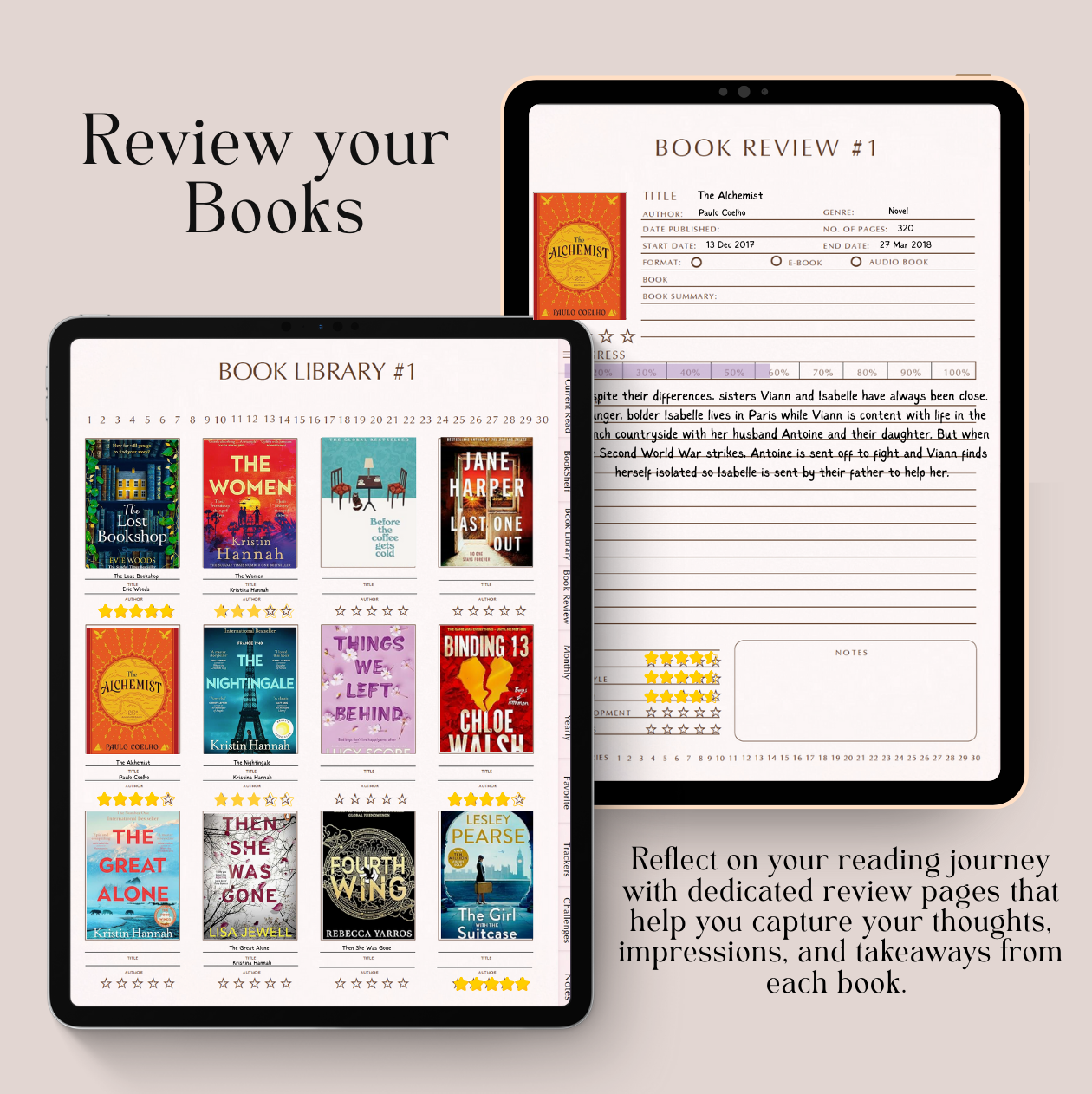 Two tablets displaying book review software with a focus on book management and reading reflection.