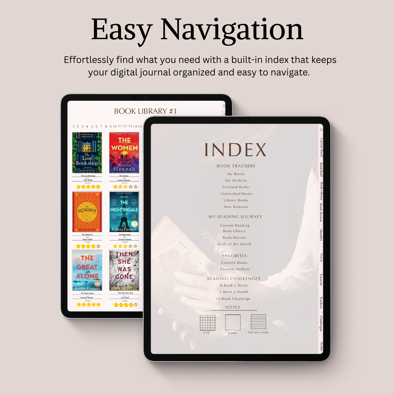 Digital journal app interface with book library and index on a light gray background