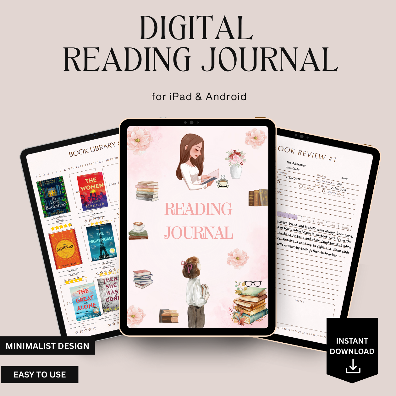 Digital reading journal app interface on tablets with a minimalist design.