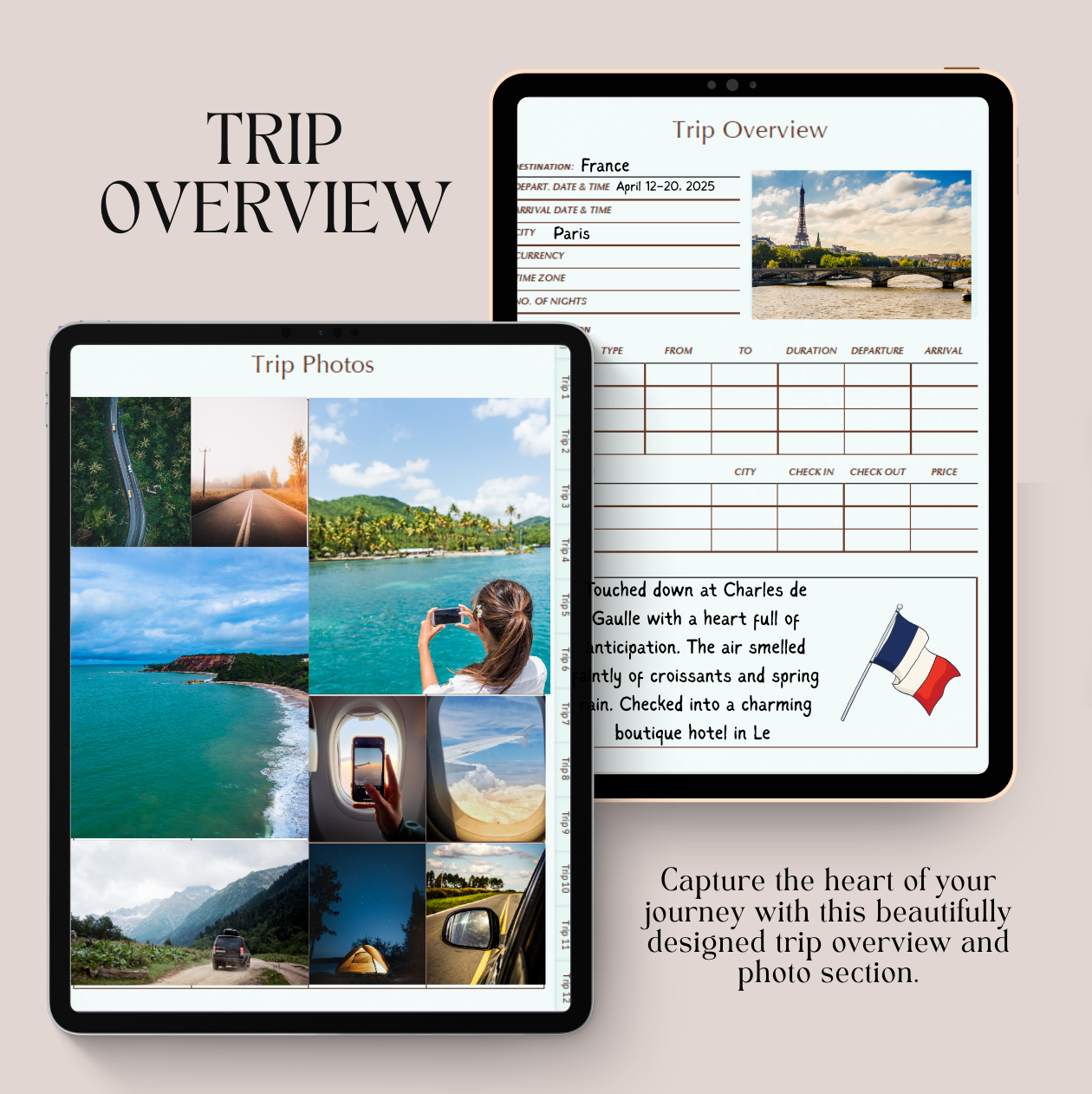 Two tablets displaying a trip overview and photo collage on a light background