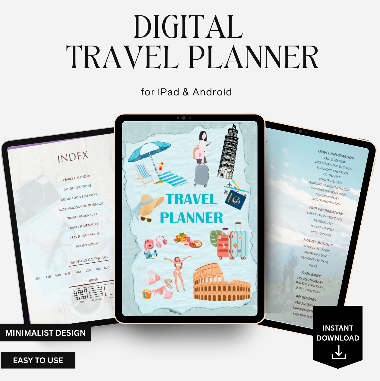 tablets displaying a trip planner and index page on a light background
