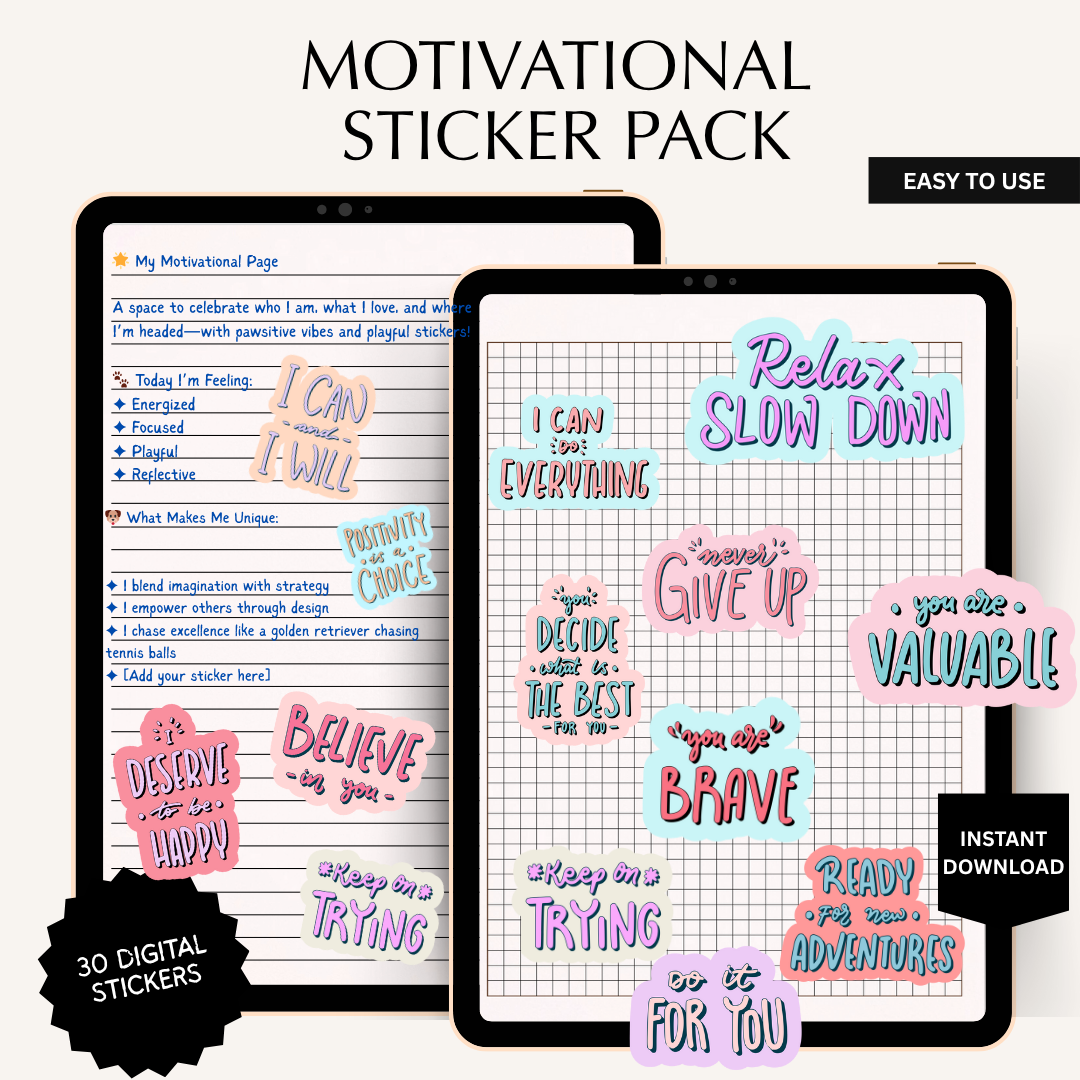 Motivational digital sticker pack with text and graphics on a tablet screen.