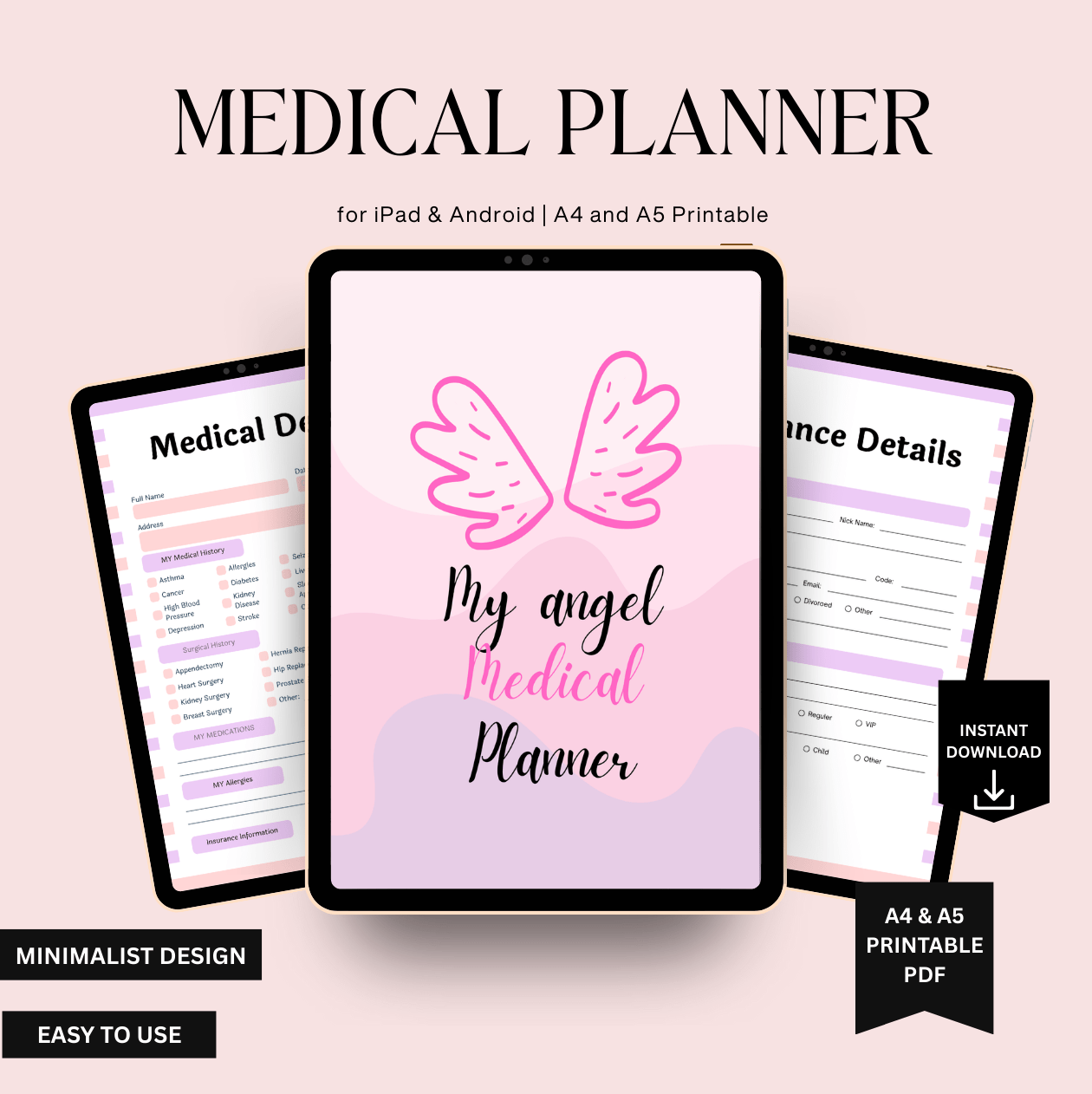 Medical planner with 'My angel Medical Planner' design on a tablet screen, surrounded by other tablets showing different pages.