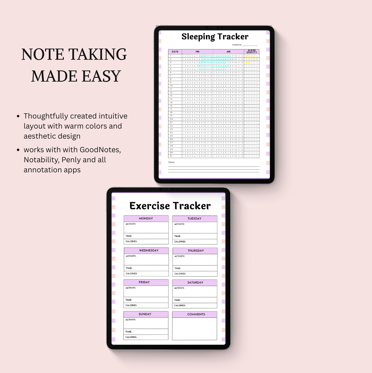 Two digital trackers for sleeping and exercise on a pink background with text about note-taking tools.