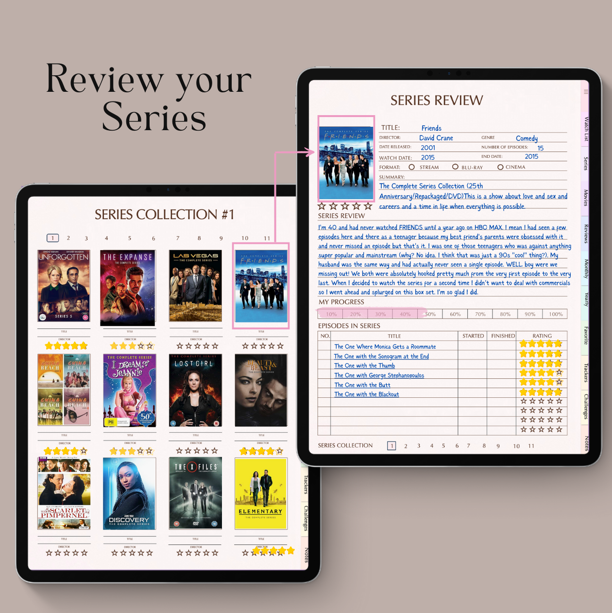 Two tablets displaying a series collection app and a series review form on a beige background.
