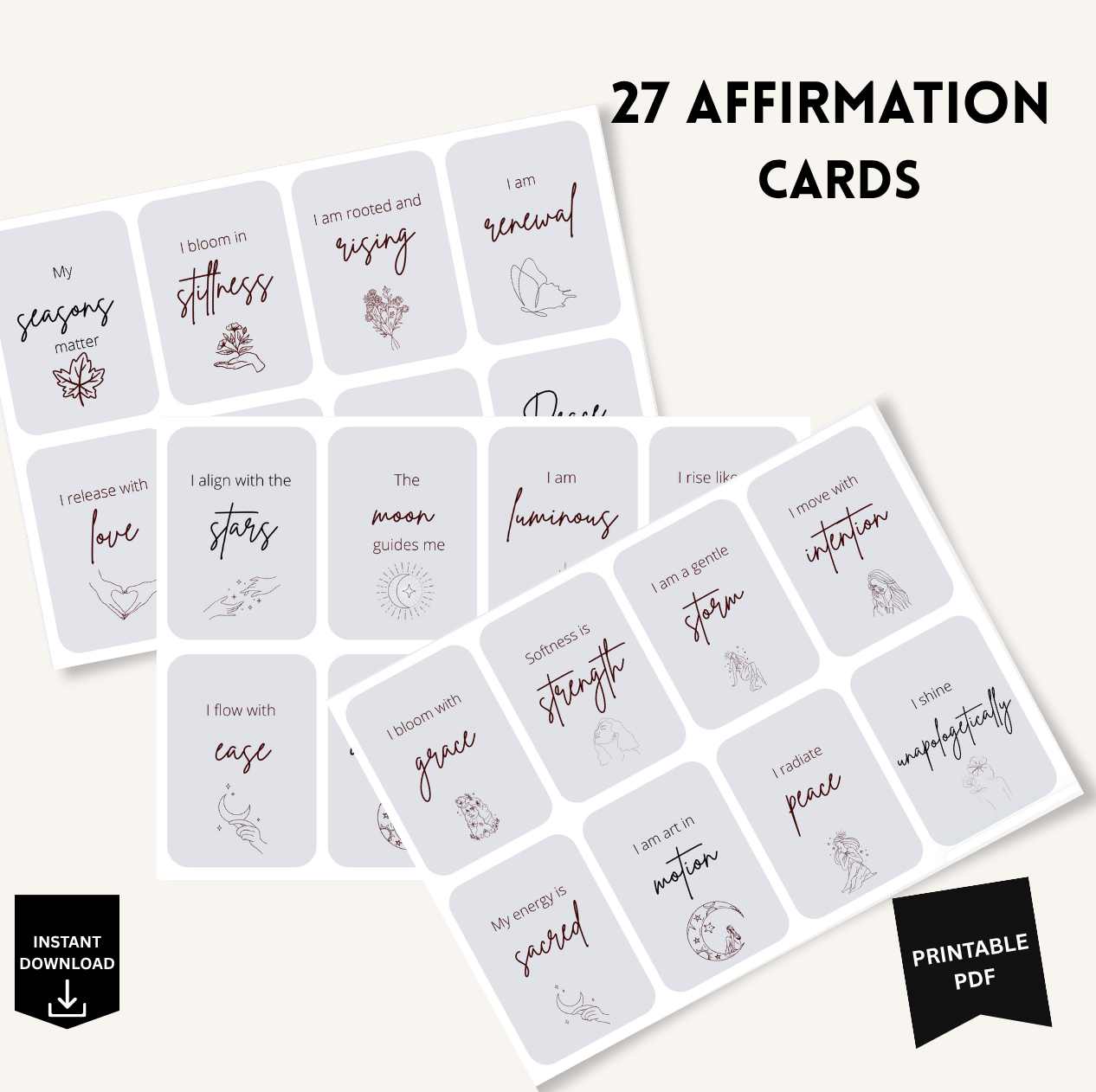 Eight minimalist affirmation cards featuring botanical line art and empowering phrases like “I bloom in stillness” and “Peace lives in me,” designed for journaling, planners, and mindful living.