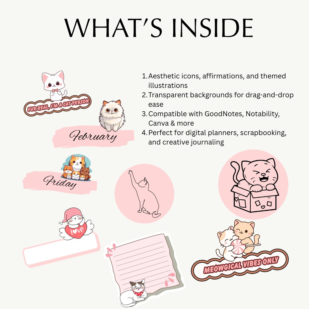 Product features with cat-themed icons and text on a white background