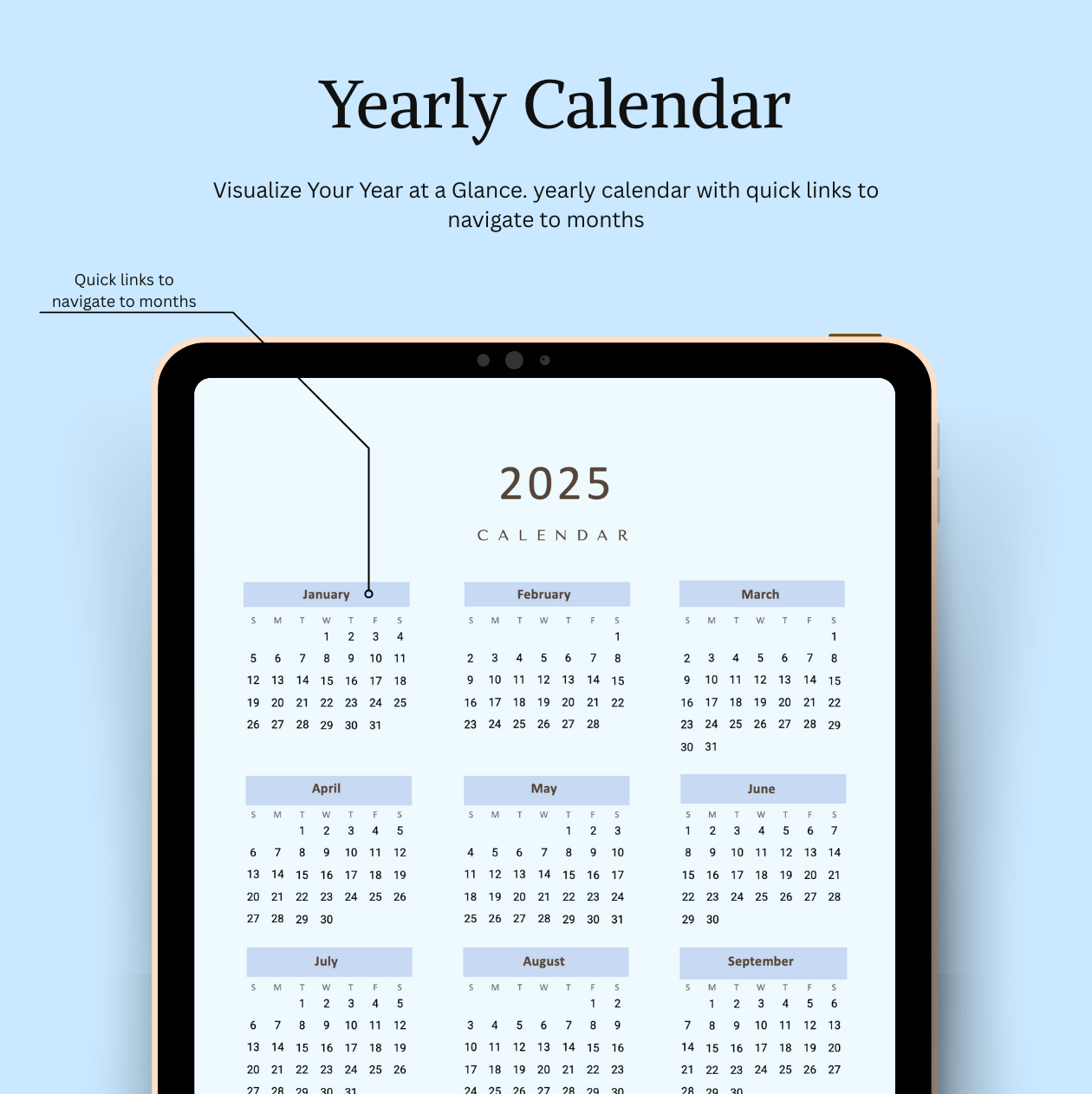 Yearly calendar displayed on a tablet screen with a blue background