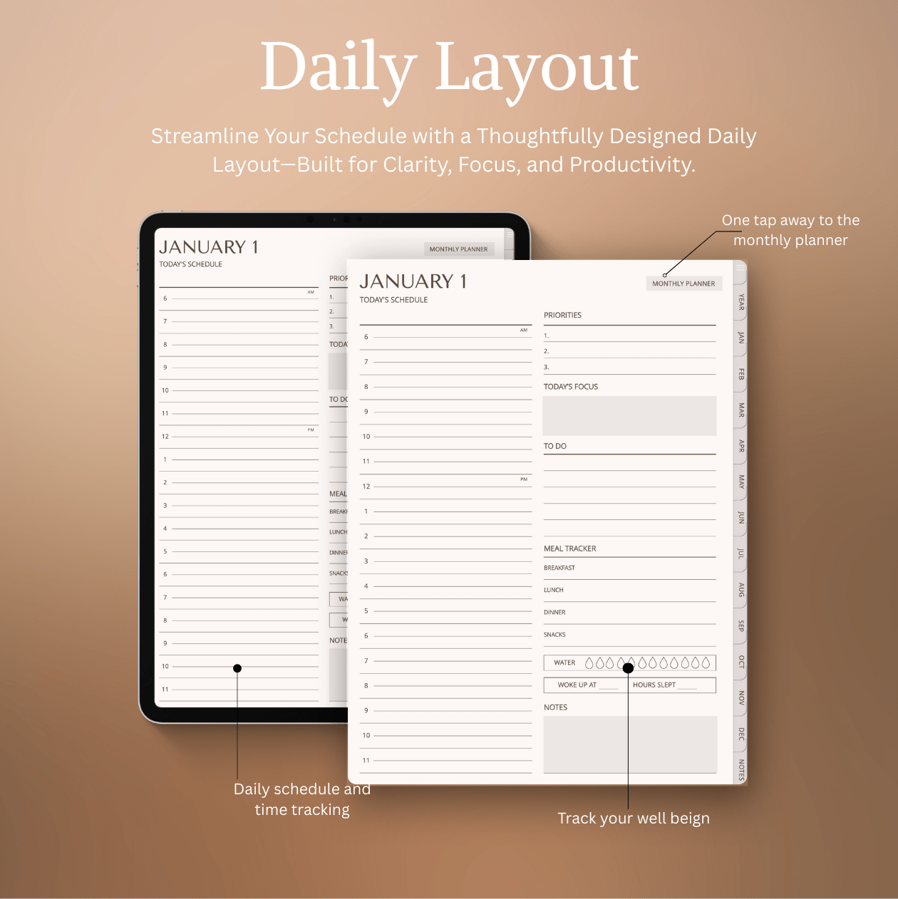 Daily schedule planner with digital tablet on a brown background