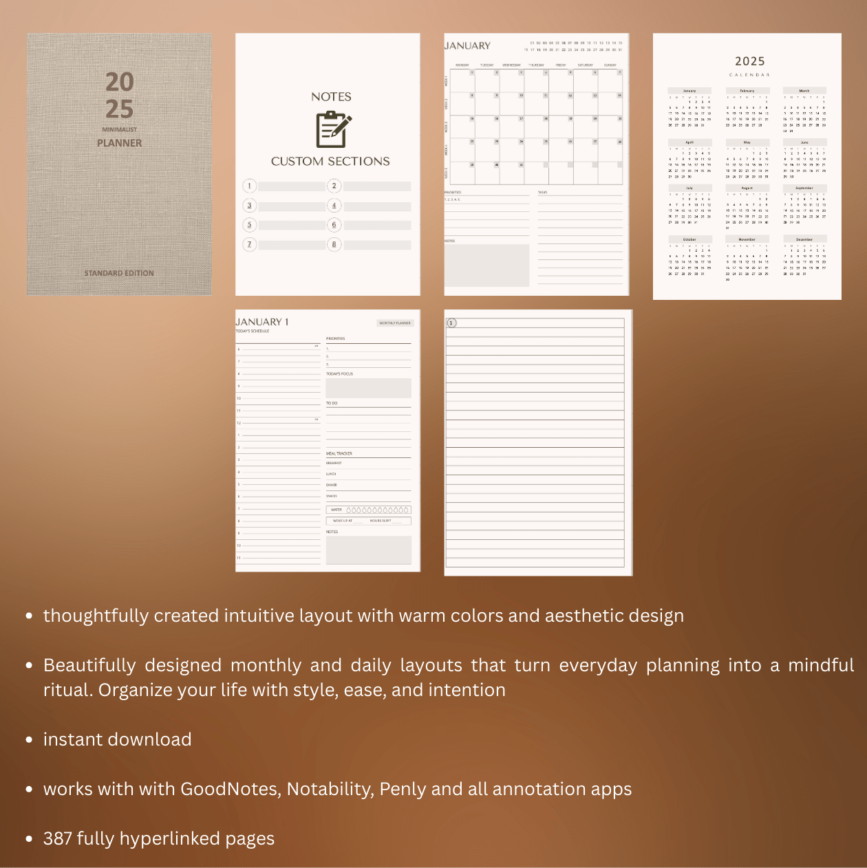 Collection of planner pages and calendar designs on a brown background with text about the product.