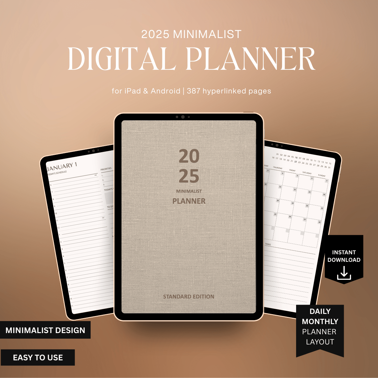 2025 minimalist digital planner for iPad and Android on a brown background