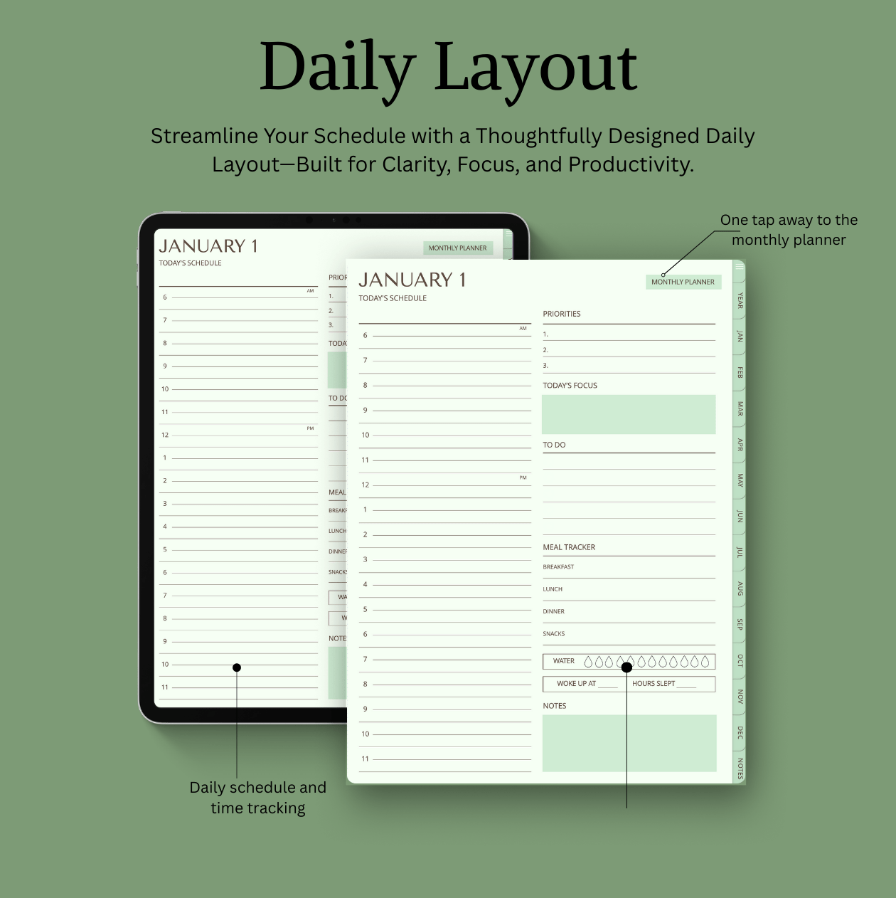 Daily schedule and time tracking planner with digital tablet on green background