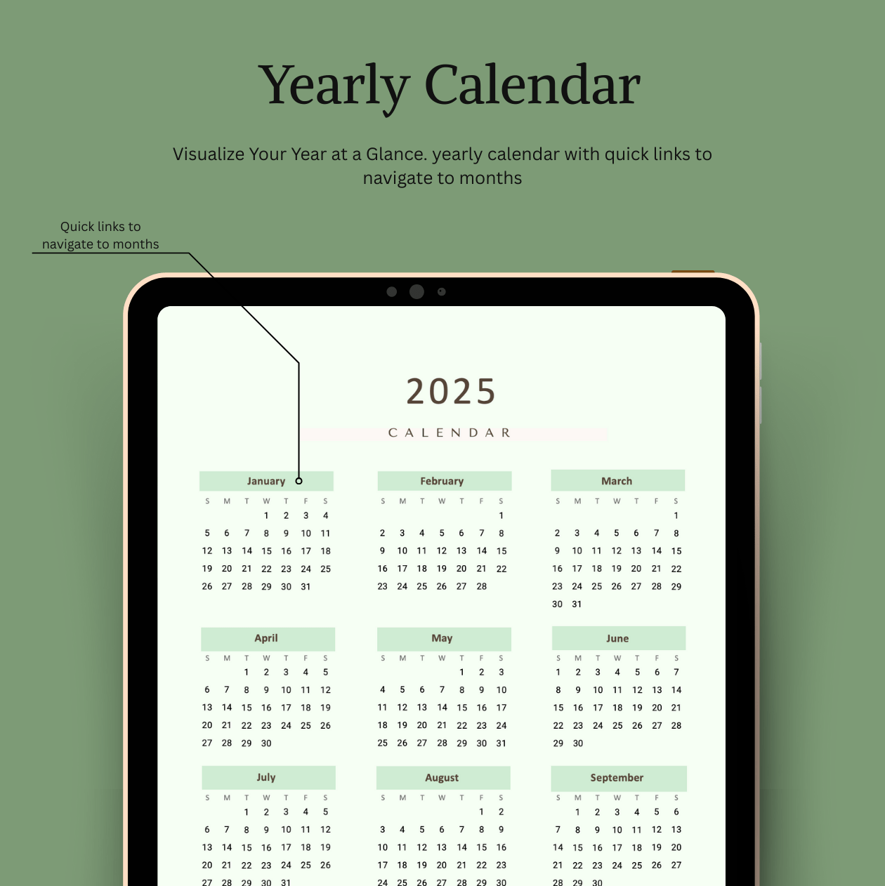 2025 yearly calendar displayed on a tablet screen with a green background