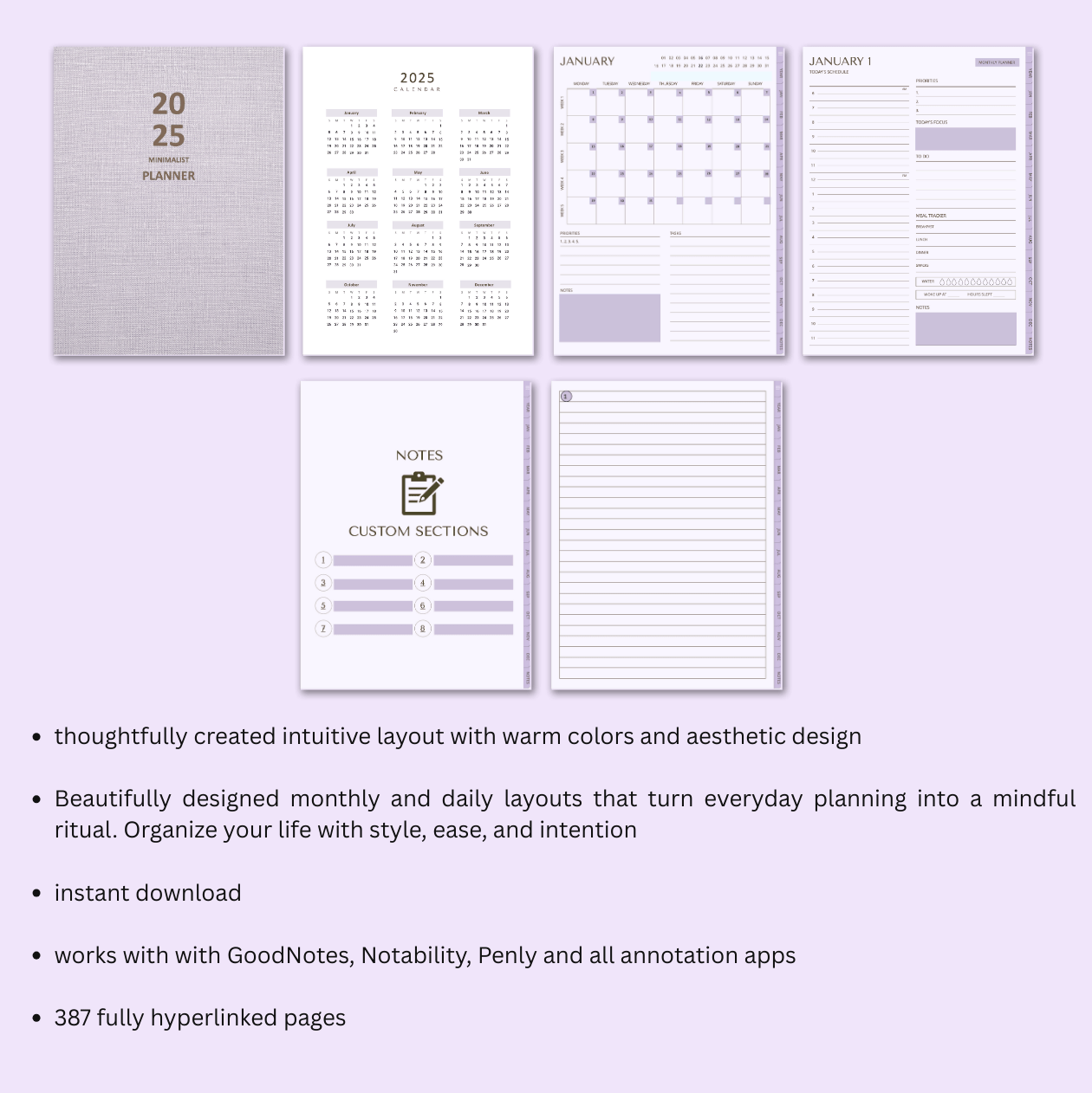 Planner pages with different layouts on a light purple background