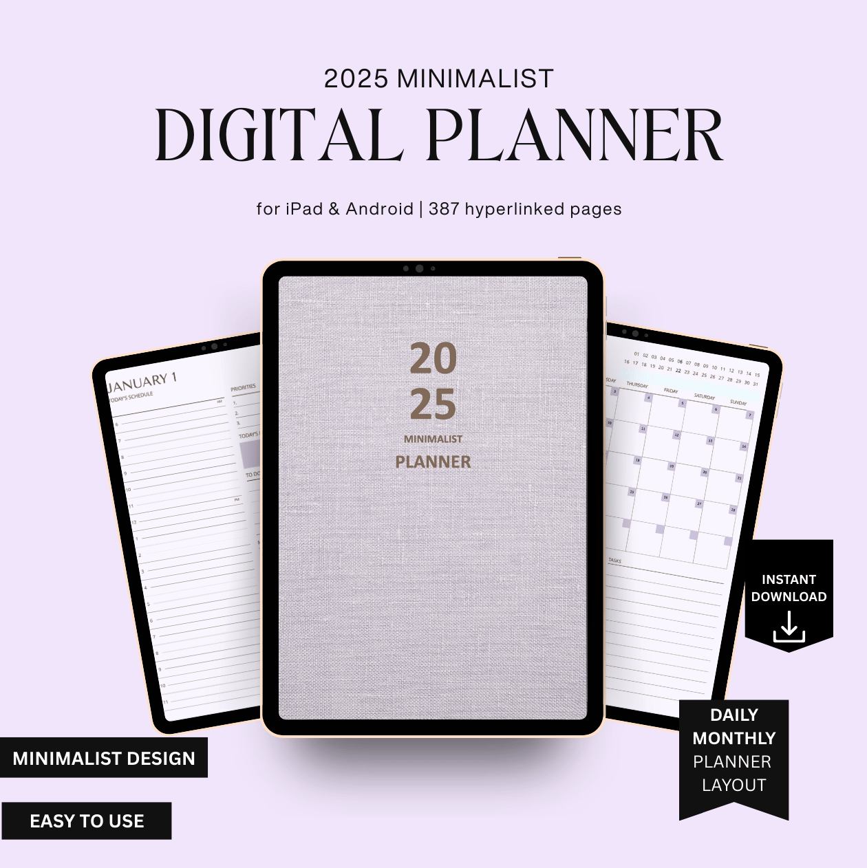 2025 minimalist digital planner for iPad and Android on a light purple background