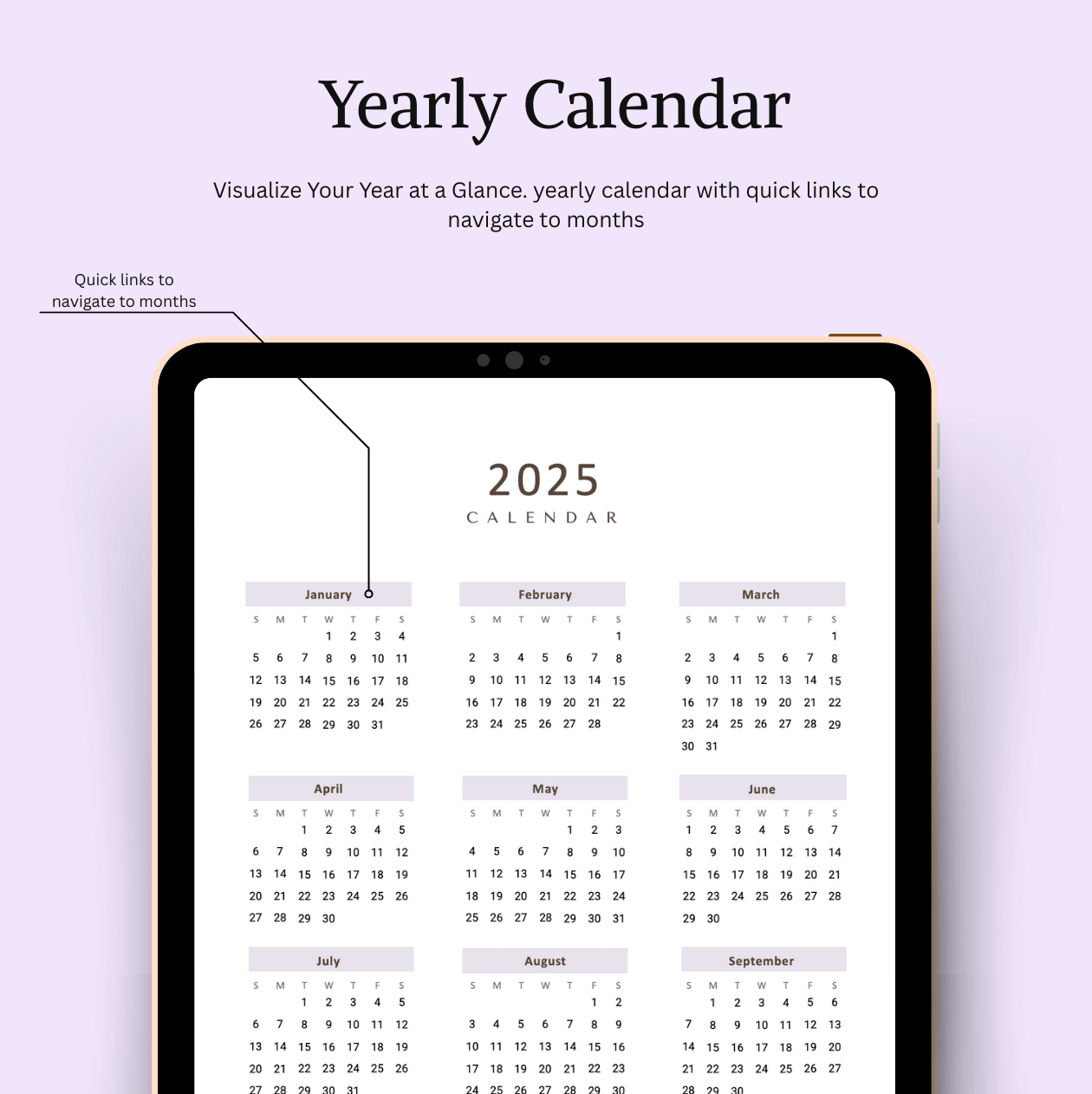 Yearly calendar for 2025 displayed on a tablet with a light purple background