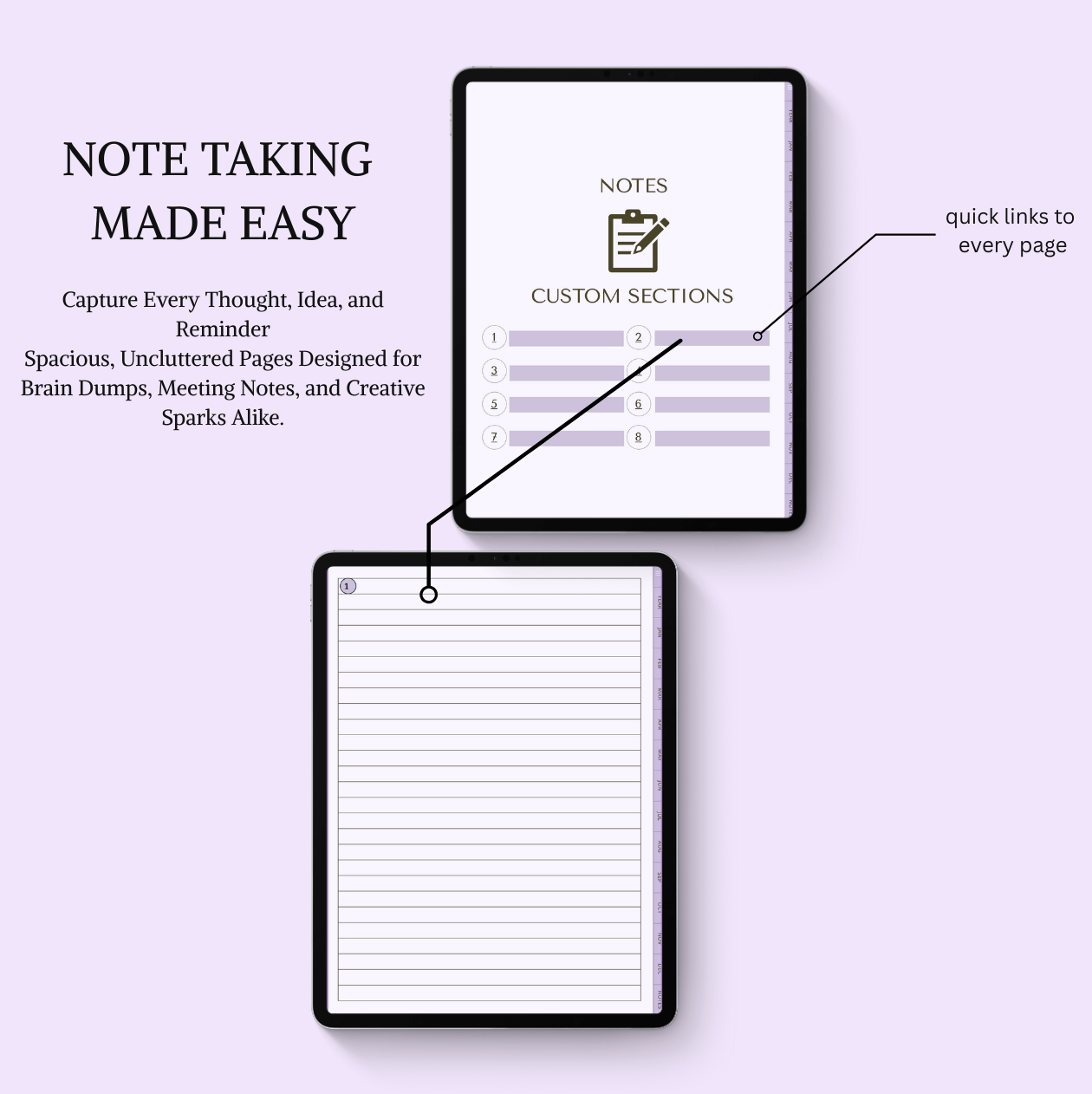 Note-taking system with digital and physical notebooks on a light purple background