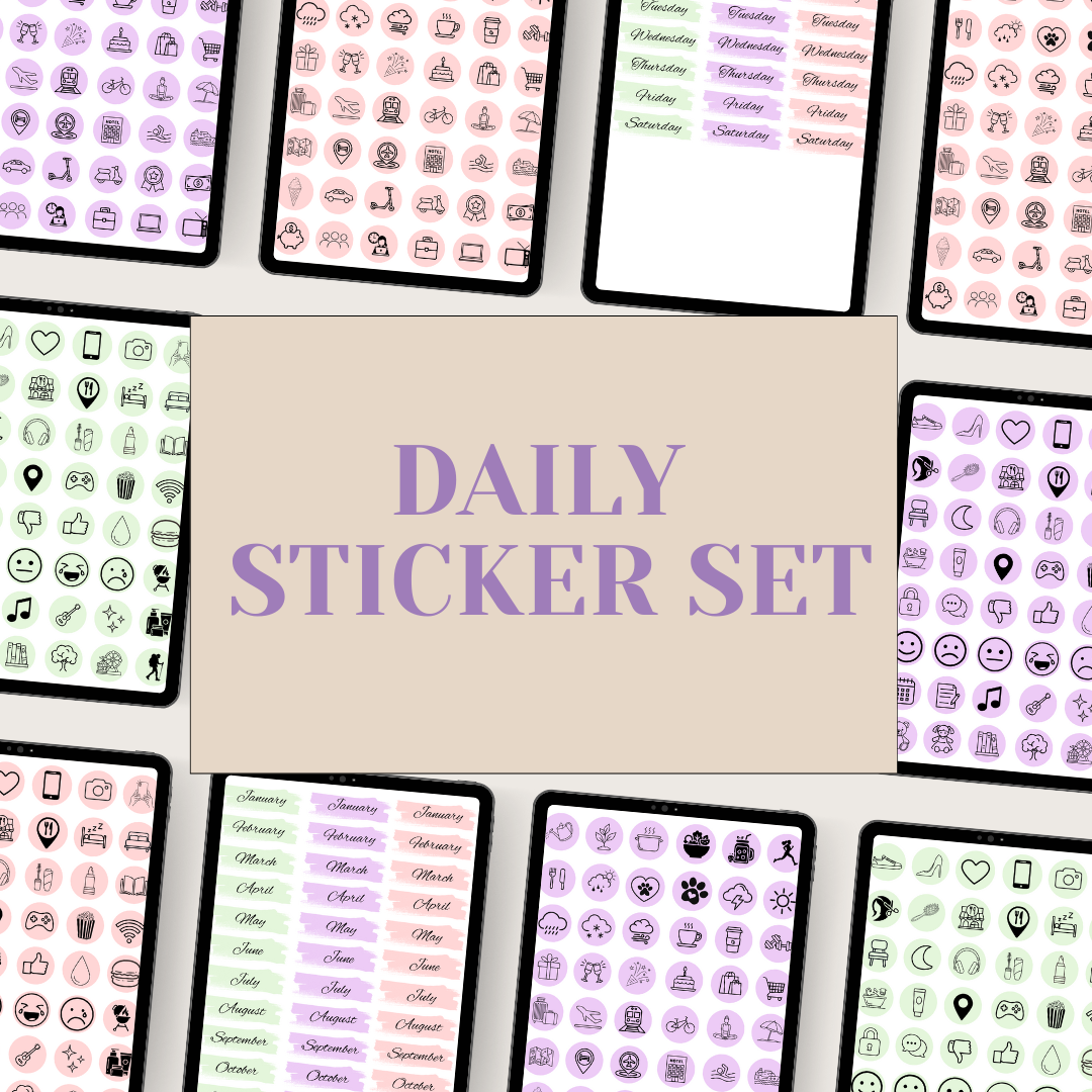 Collection of daily sticker sets with a beige card in the center displaying 'Daily Sticker Set'.