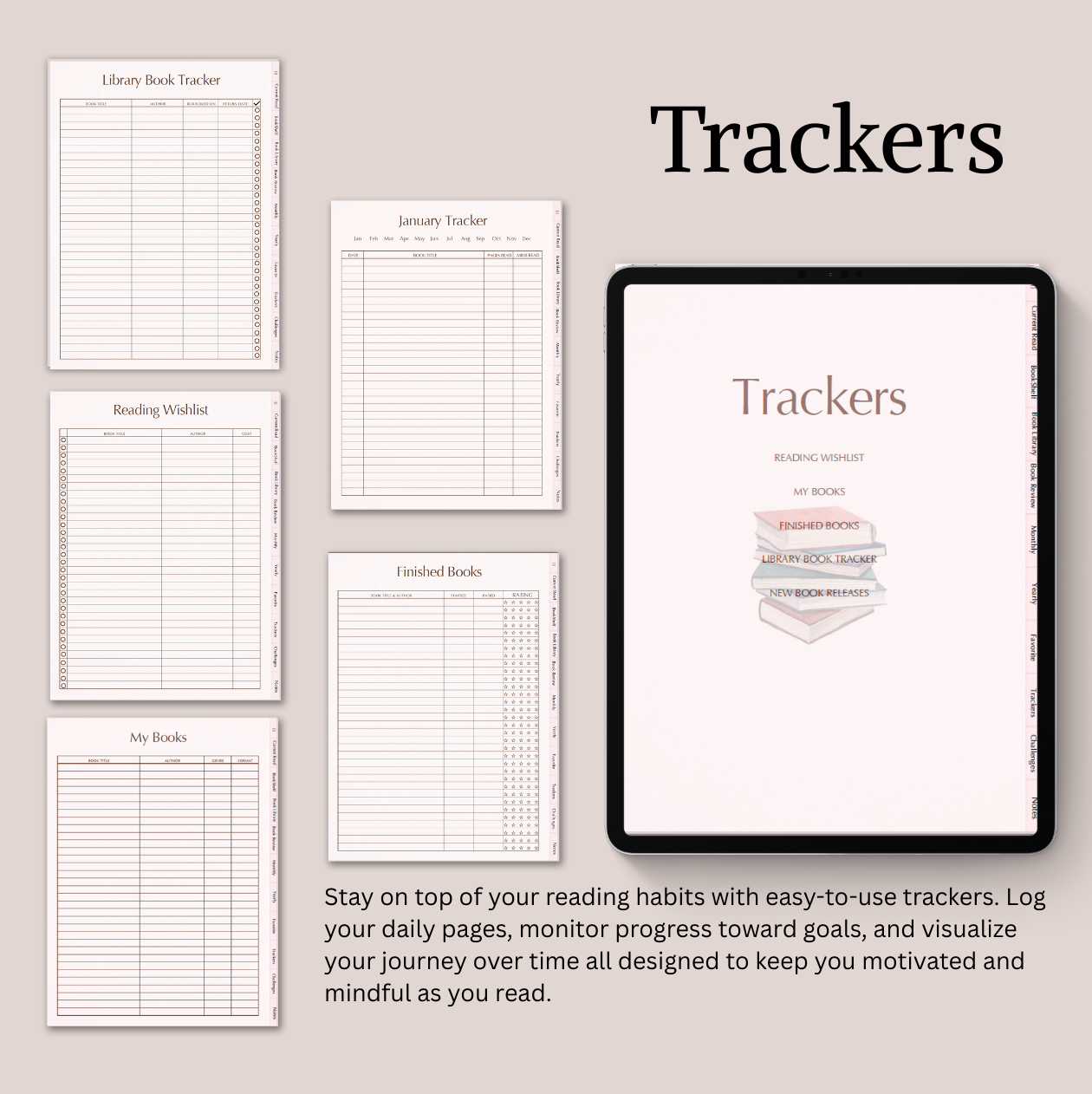 Collection of reading habit trackers on a beige background with an iPad displaying the 'Trackers' app.
