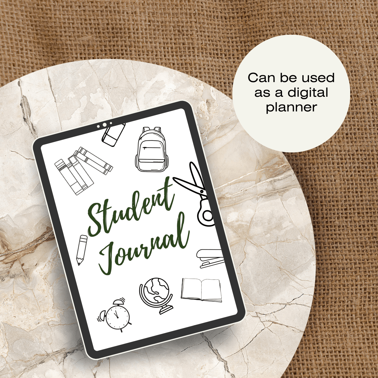 Digital planner titled 'Student Journal' on a tablet with icons, displayed on a marble surface.