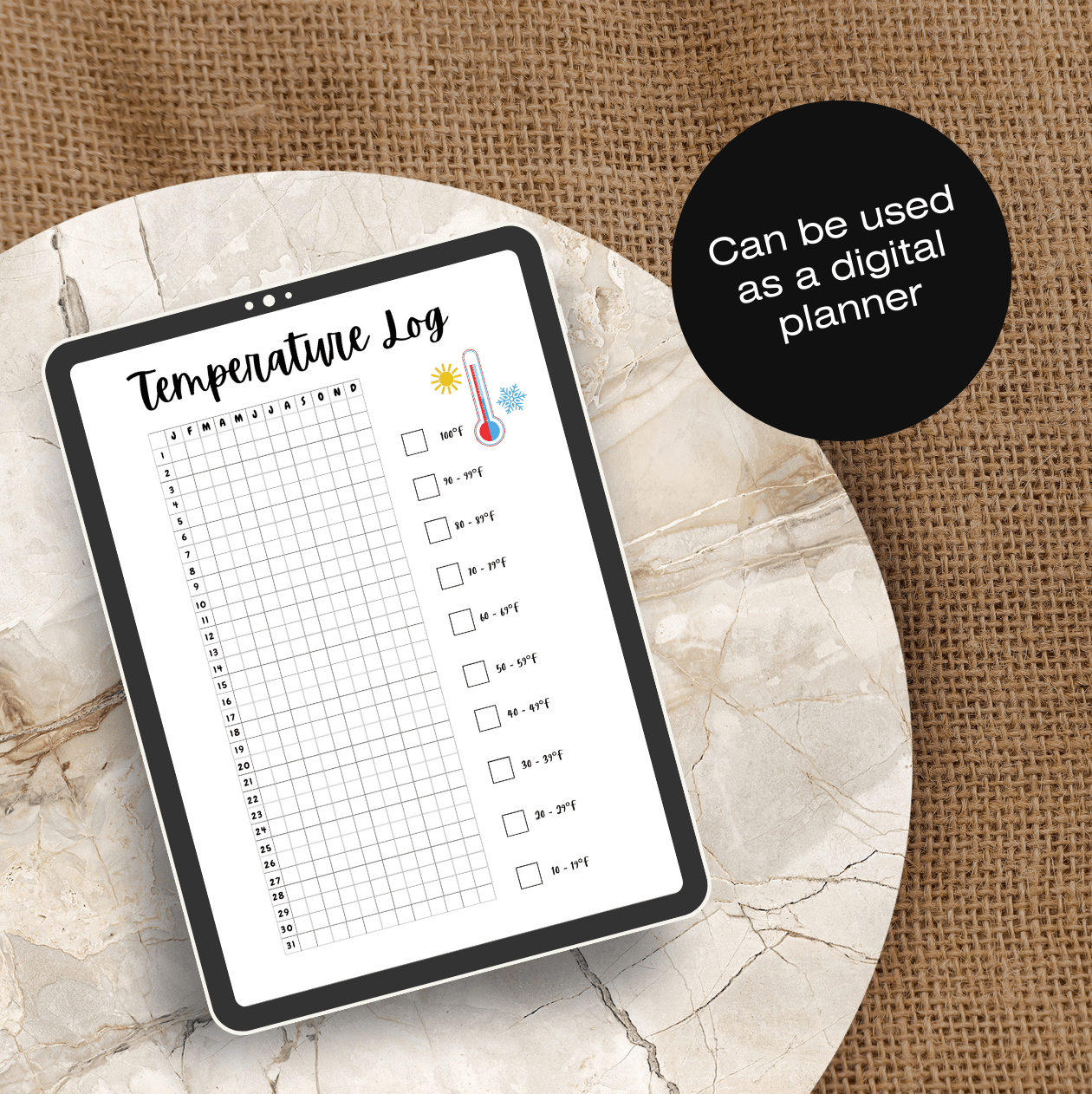 temprature tracker templates shown for digital and printable formats, including A4, and A5 layouts. scribbly bits