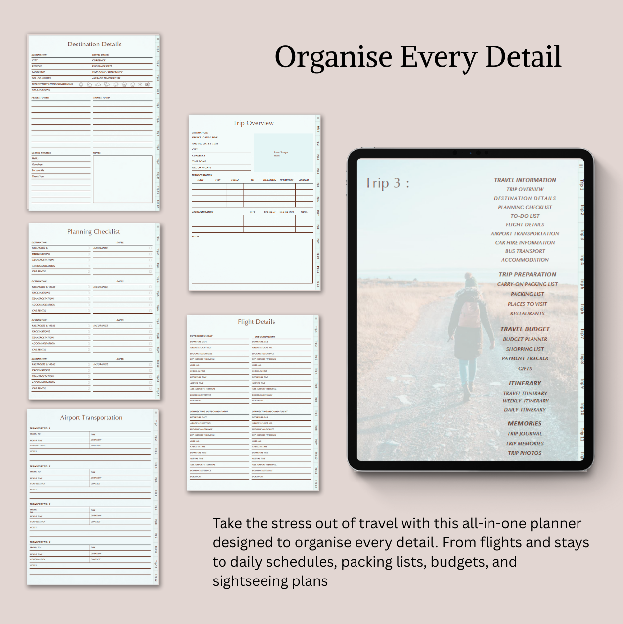 Collection of travel planning sheets and a tablet displaying a travel app on a beige background.