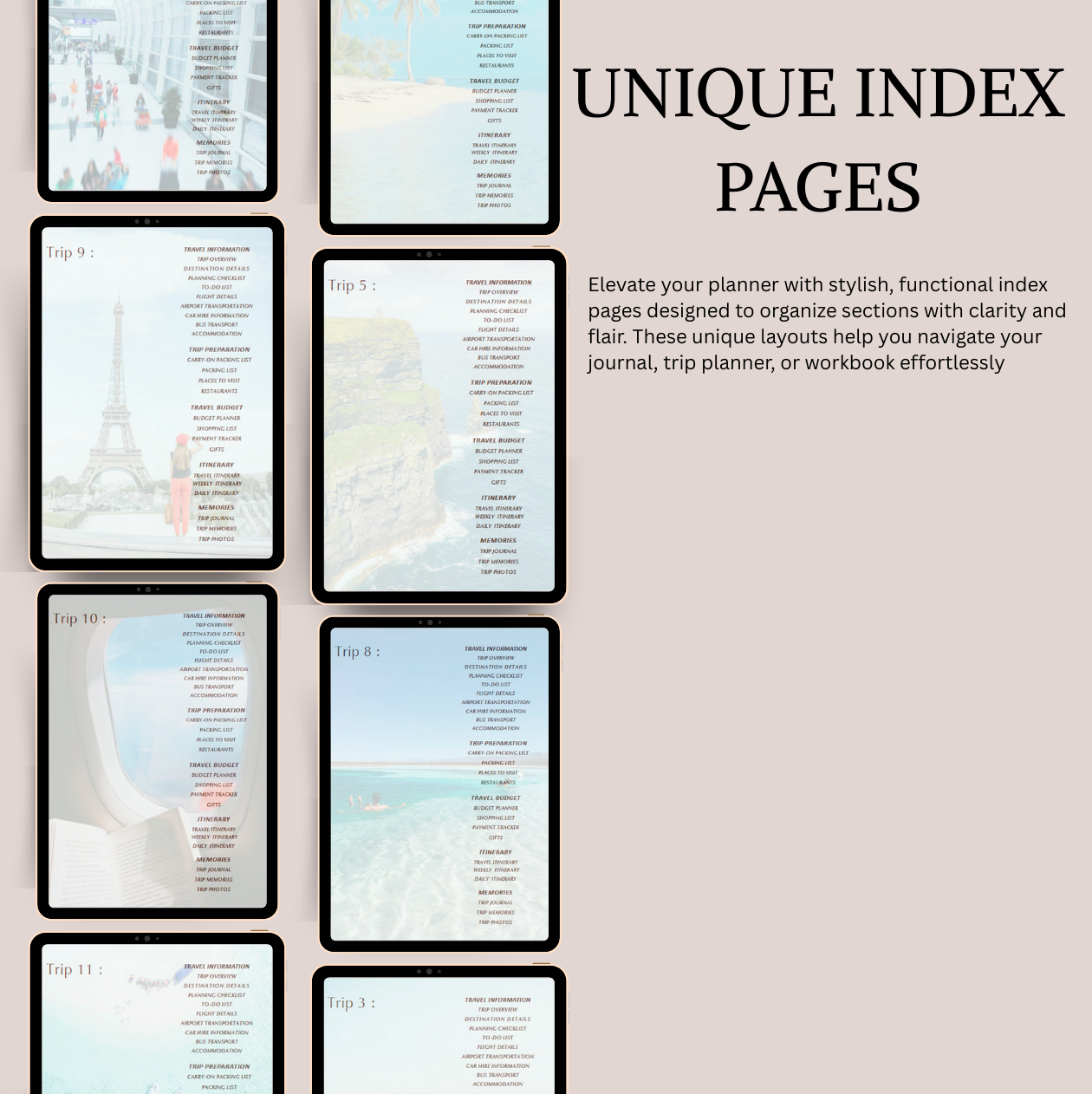 Index pages with scenic images and text on a light pink background
