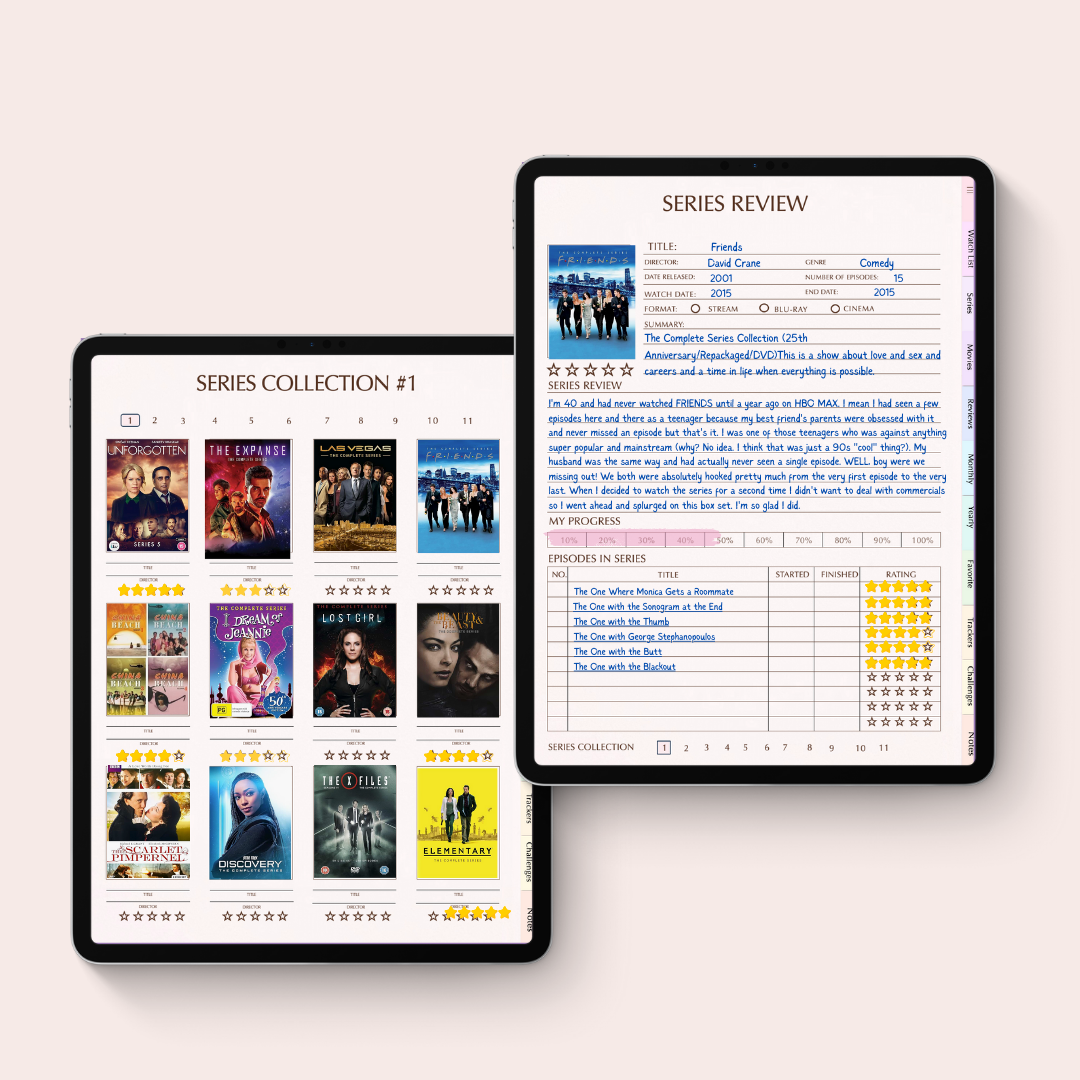 Digital TV series tracker and review journal template by Scribbly Bits, featuring star ratings and episode logs on tablet screens