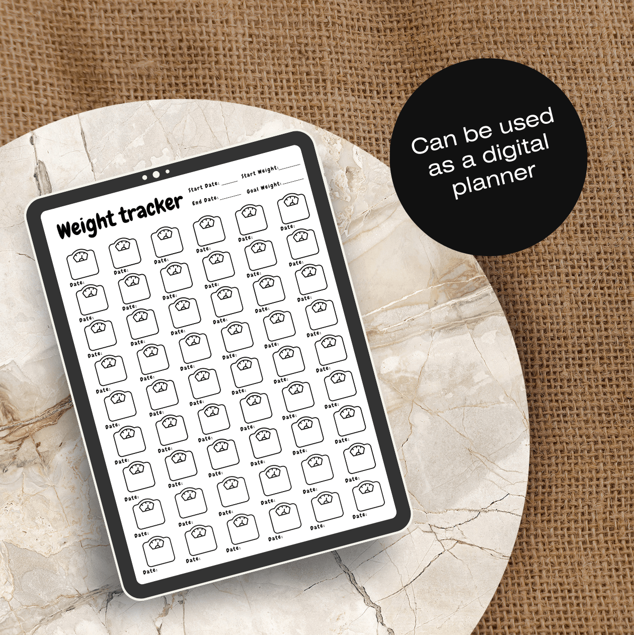 Digital weight tracker template displayed on a tablet, Ideal for fitness logging and digital planning. scribbly bits
