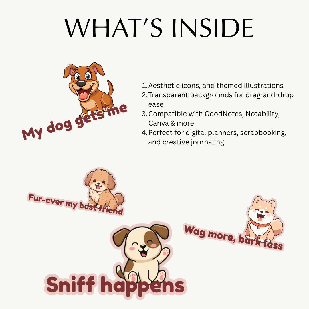 Illustrations of dogs with text on a white background