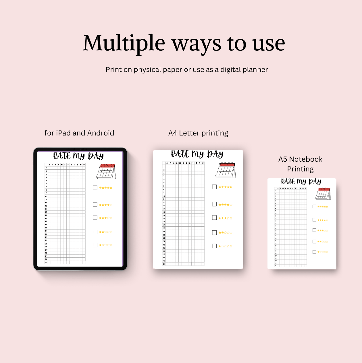 Three rate my day tracker templates shown for digital and printable formats scribbly bits