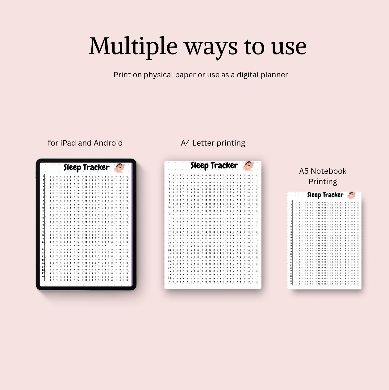 Three sleep tracker templates  ideal for sleep planning and flexible use across devices or paper.