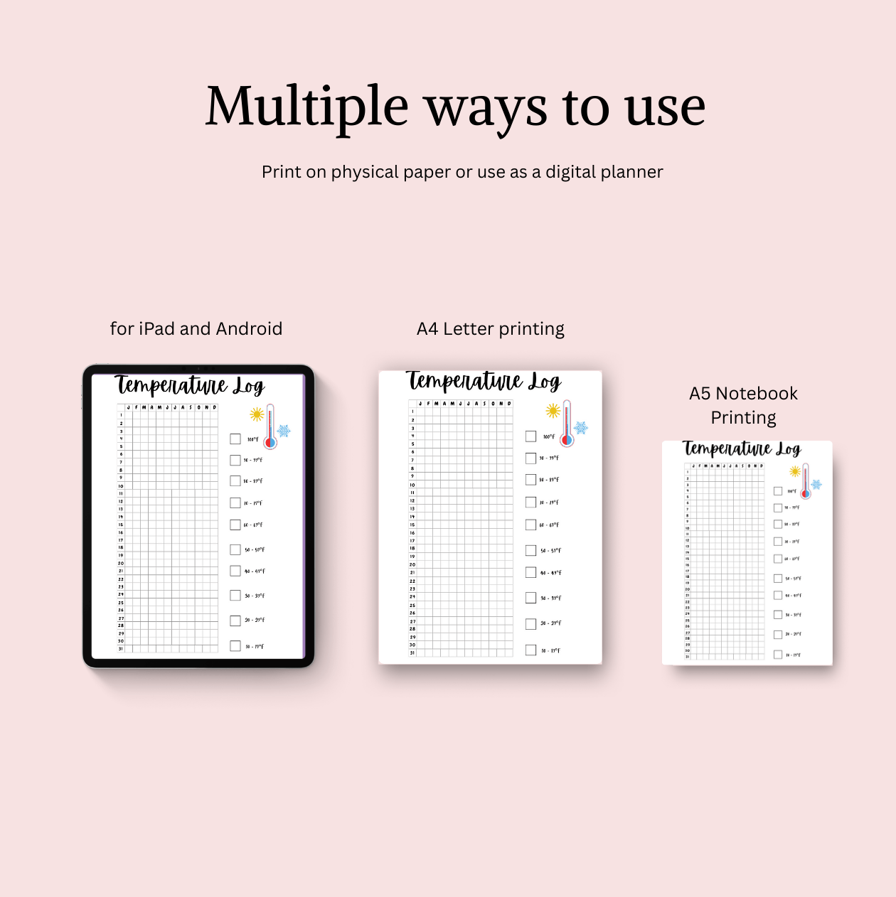temprature tracker templates shown for digital and printable formats, including A4, and A5 layouts. scribbly bits