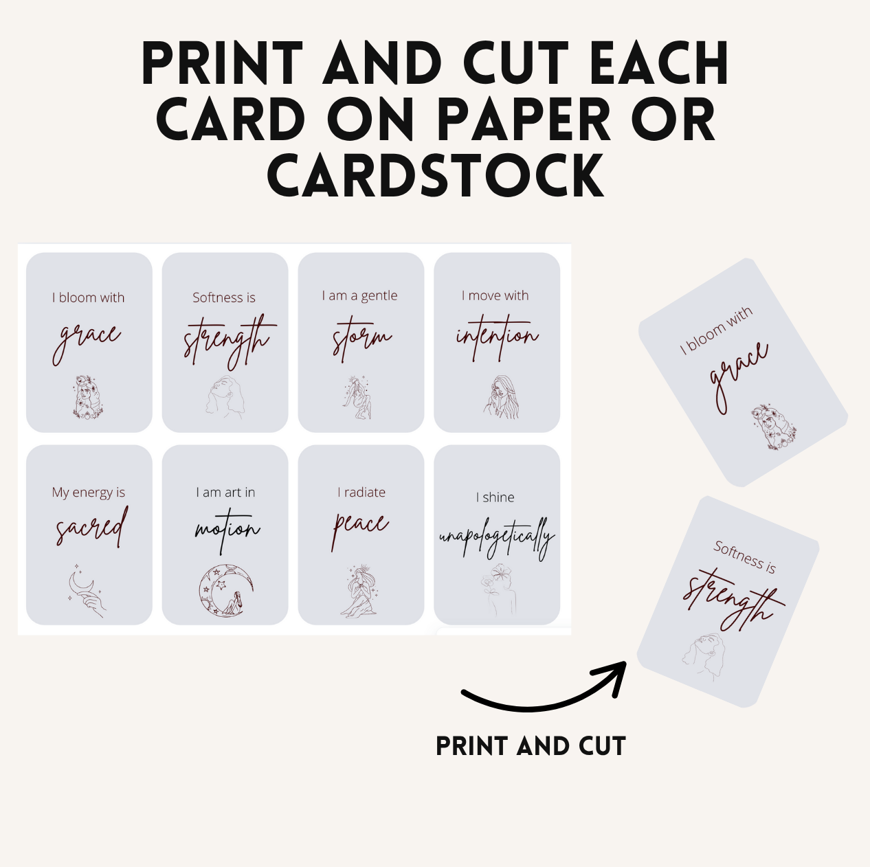 Printable affirmation card sheet featuring nine minimalist self-care phrases with line art illustrations, designed for journaling, mindfulness, and creative wellness.