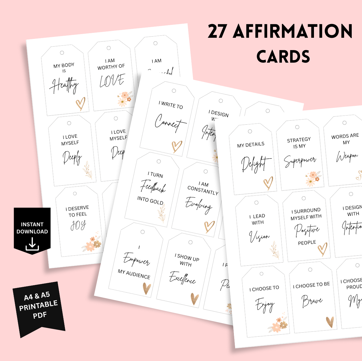 Set of affirmation cards on a pink background with text overlay.