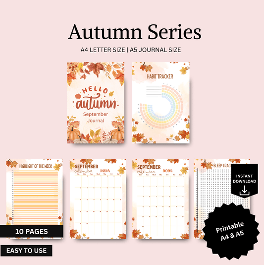 Autumn-themed planner with various pages on a light brown background