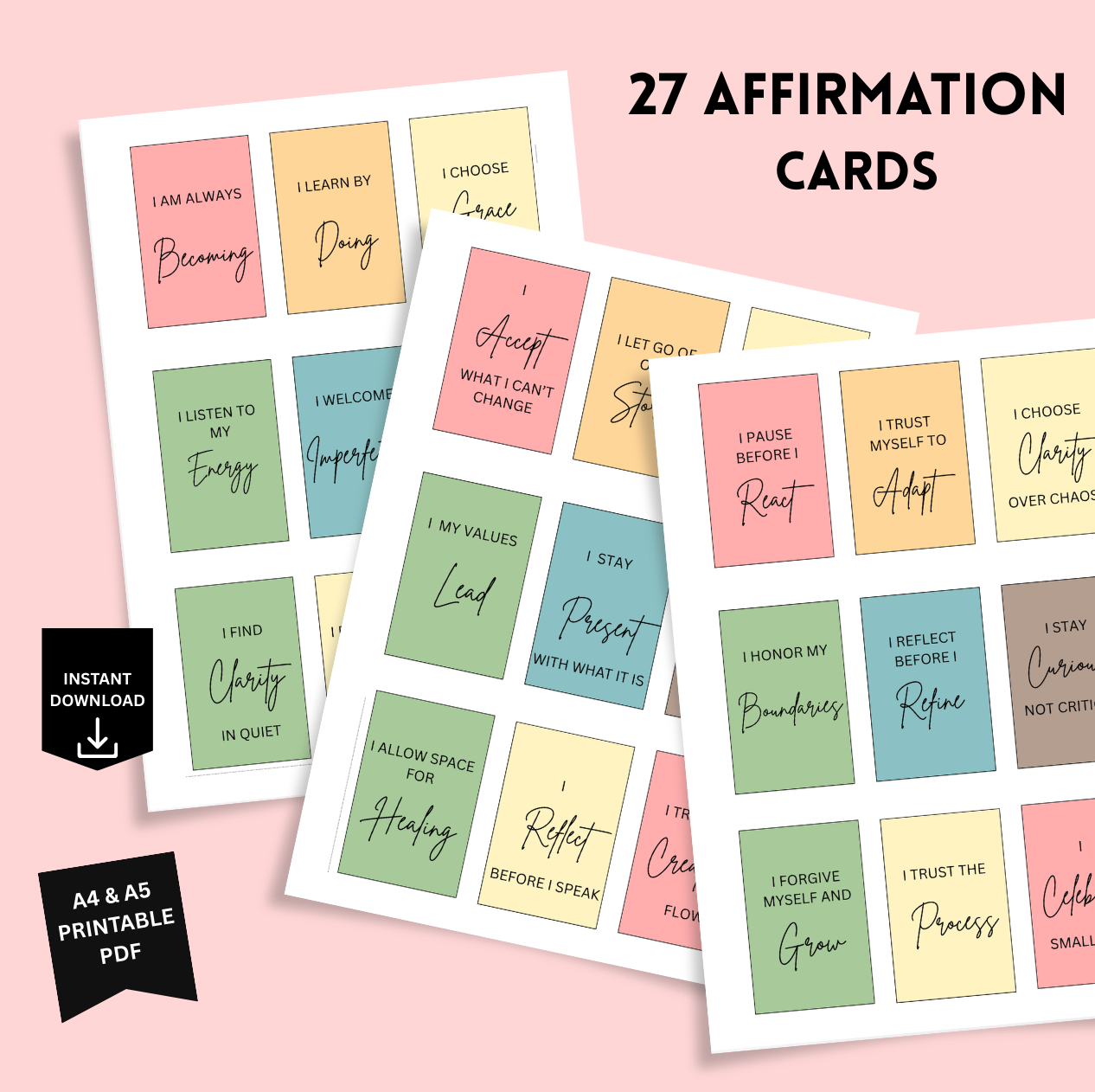 Set of colorful affirmation cards with motivational phrases on a pink background