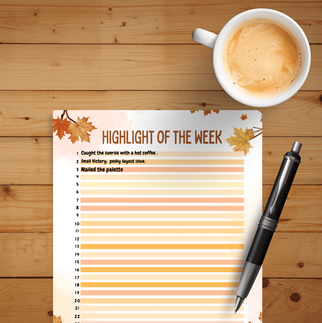Notepad with 'Highlight of the Week' list on a wooden surface with a cup of coffee and pen.