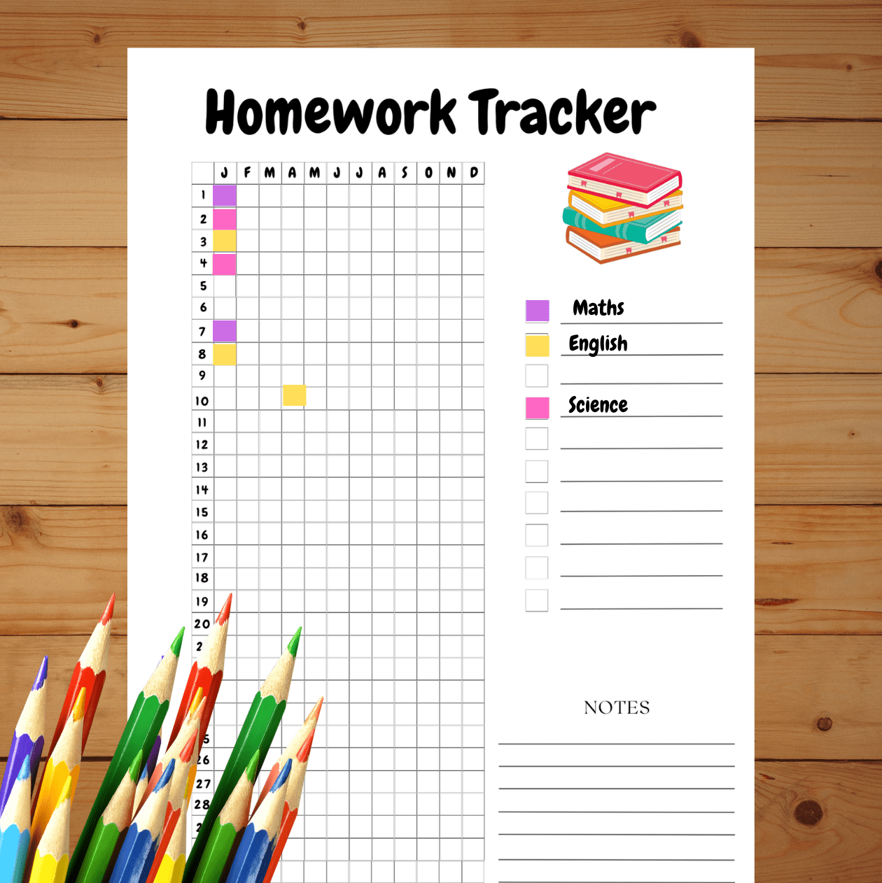 Homework tracker with colorful pencils on a wooden surface