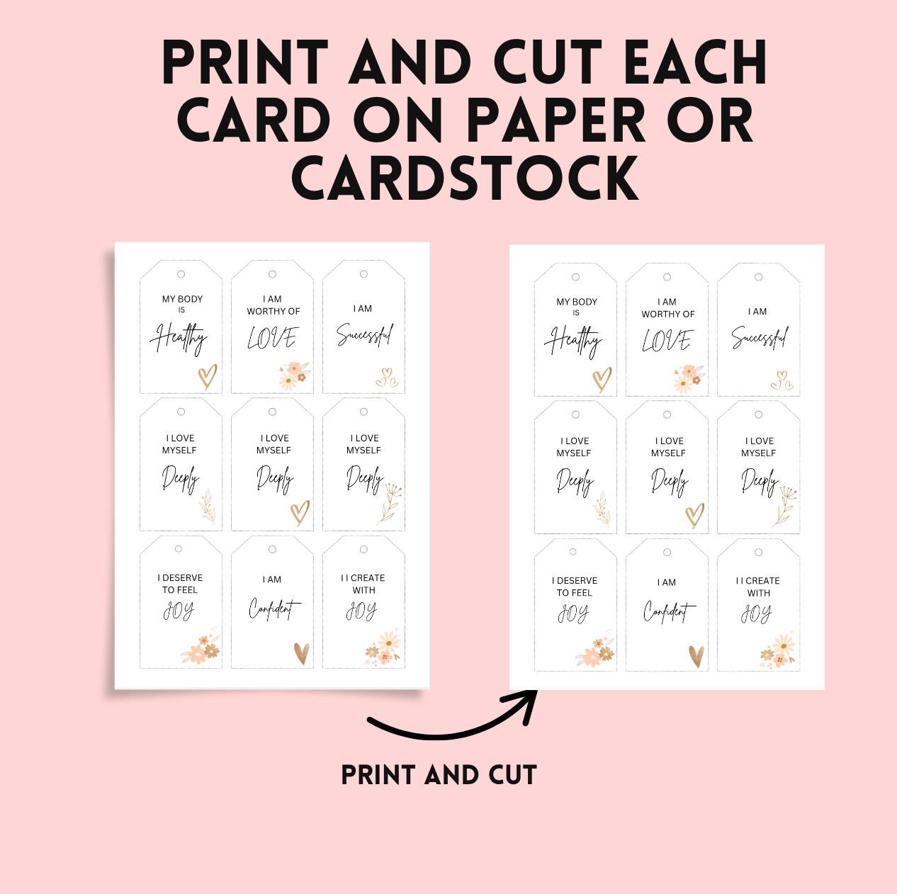 Two sheets of paper with printable affirmation cards on a pink background