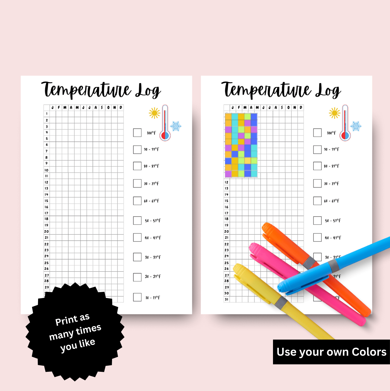 temprature tracker templates shown for digital and printable formats, including A4, and A5 layouts. scribbly bits
