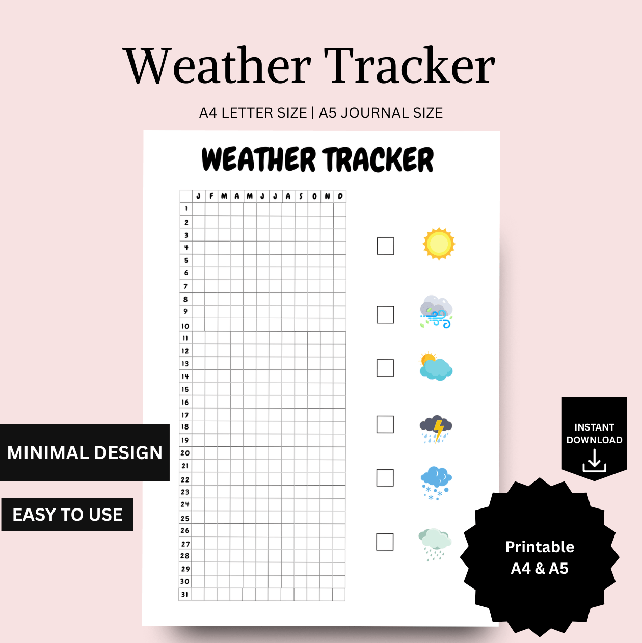Weather Tracker - Printable Journal PageYearly PagesScribbly Bits A4, and A5 layouts digital and printable formats,
