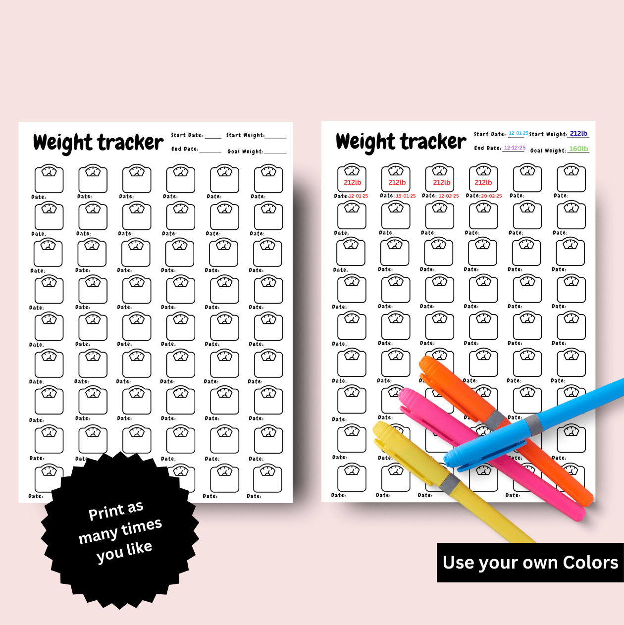 Two printable weight tracker sheets with daily log grids, customizable entries. for fitness tracking health scribbly bits.