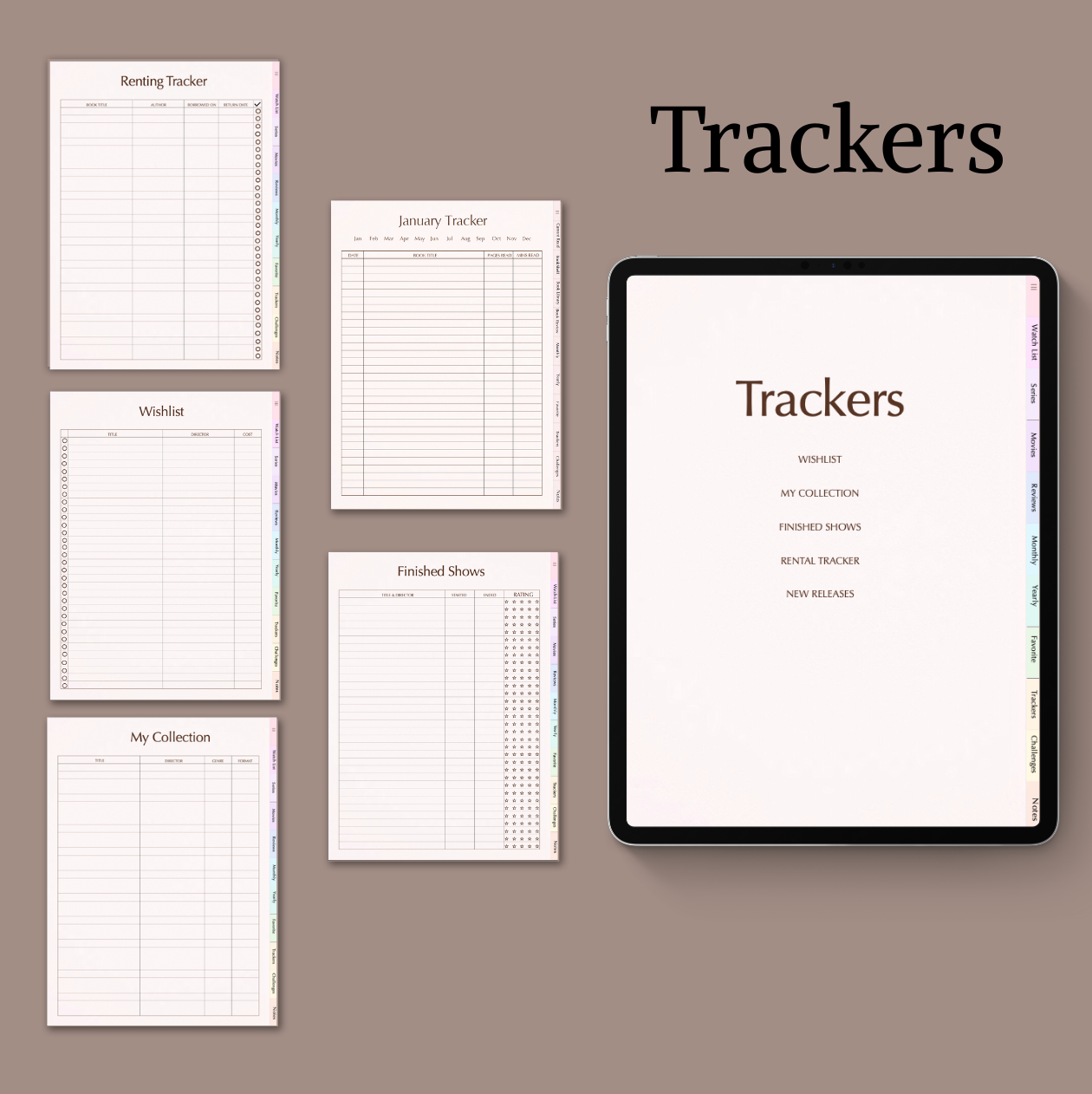 Scribbly Bits digital and printable tracker bundle featuring running log, wishlist, collection inventory, finished shows list, and January activity tracker.