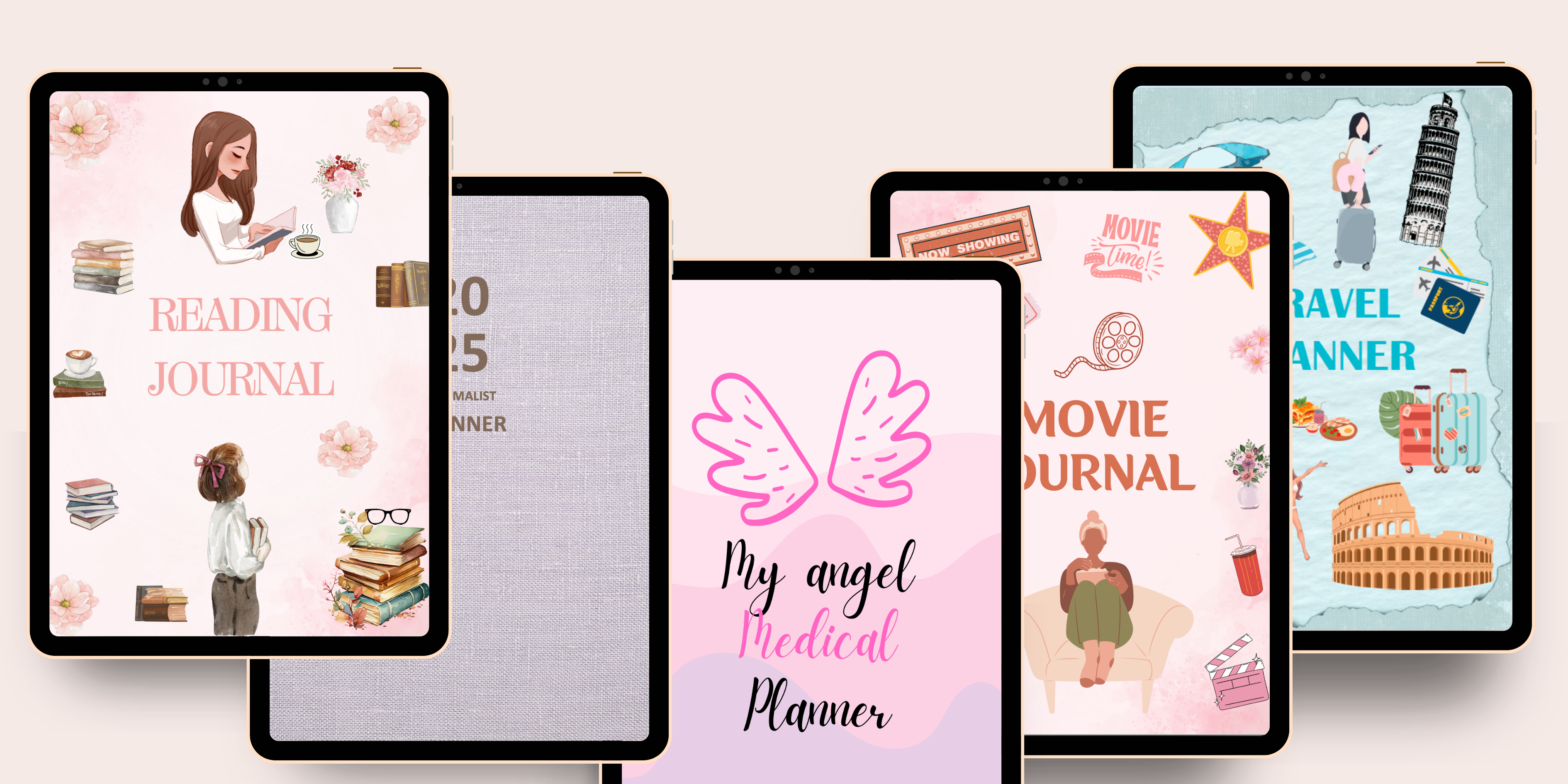 Digital planner and journal bundle covers by Scribbly Bits displayed on tablets, featuring themed designs for reading, daily planning, medical tracking, movie reviews, and travel organization.