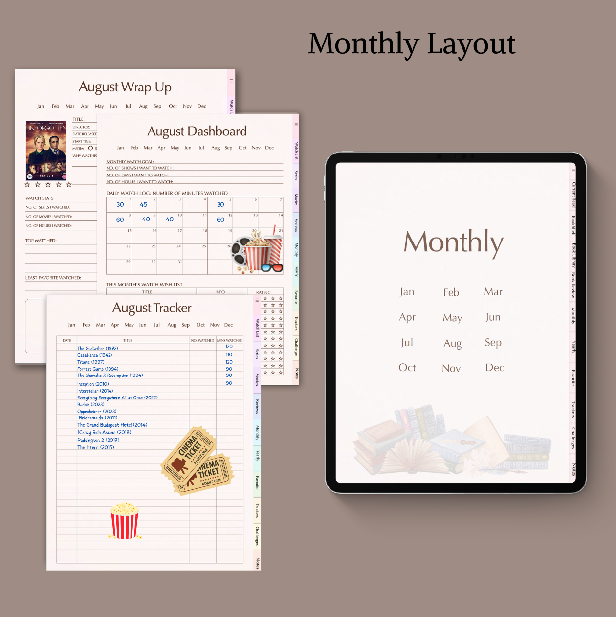 Monthly layout planner with digital tablet displaying similar design on a brown background